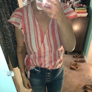 Old Navy Petite Small‎ Striped Wrap V Neck Flutter Sleeve Top Red White Coastal